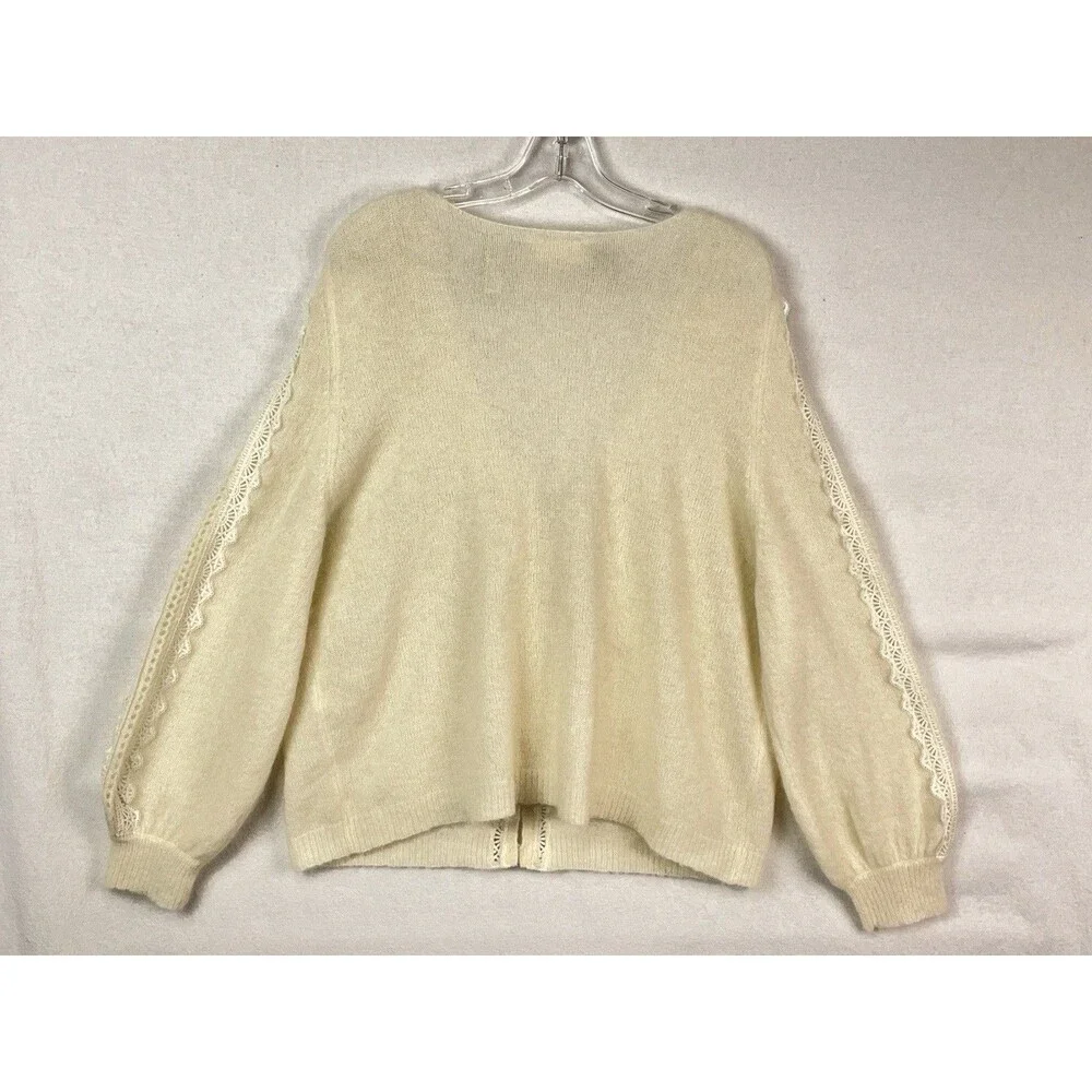 Sézane Women XXL Cardigan La Maille Lace Trim Pearl Button Kid Mohair Wool Ivory